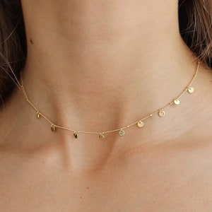 Delicate small multiple gold coins necklace in sterling silver or 24k gold plated silver, small little coin choker