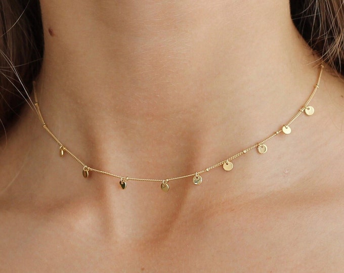 Delicate small multiple gold coins necklace in sterling silver or 24k gold plated silver, small little coin choker