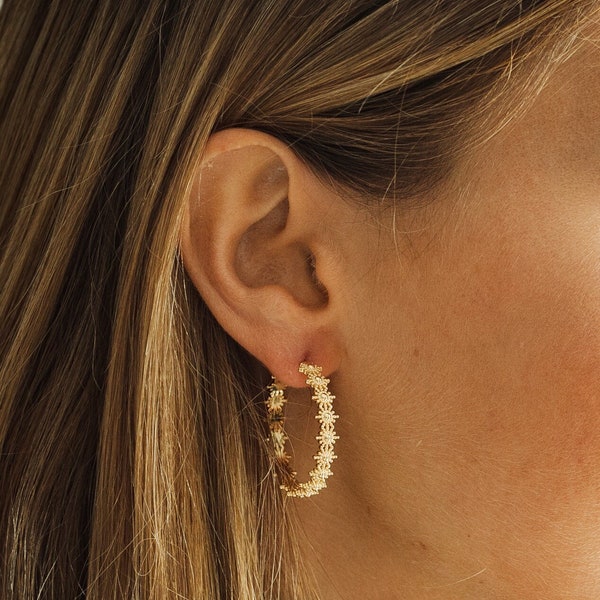 Majestic hoop earrings with suns adorning the entire hoop made of sterling silver and 24k gold plating