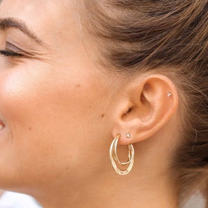 Crescent moon hoop earrings with three welded hoops, large triple hoops, crescent moon, triple hoops