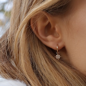 Snowflake Huggie Hoop Earrings in Sterling Silver and Gold
