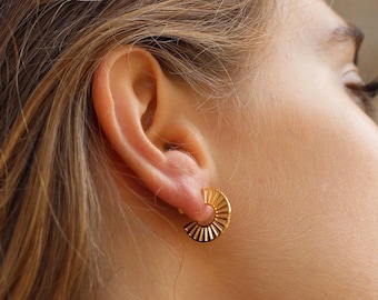 Geometric Hoop Earrings in 925 Sterling Silver or 24k Gold Plated, 18mm Textured Wheel Hoops, Minimalist Jewelry Gift for Her