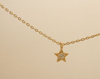 Tiny Gold Star Necklace, Dainty Star Charm Necklace, delicate star necklace, white zirconia star necklace, Cubic Zirconia star necklace