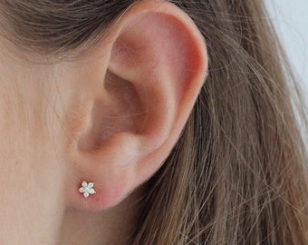 Sparkle Flower Studs • CZ Flower Earrings • Delicate Clear Stone Studs • Tiny Flower Earrings