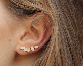 Boucles d'oreilles grimpantes en argent avec pierre blanche, boucles d'oreilles grimpantes avec cristal blanc, boucles d'oreilles mariées grimpantes