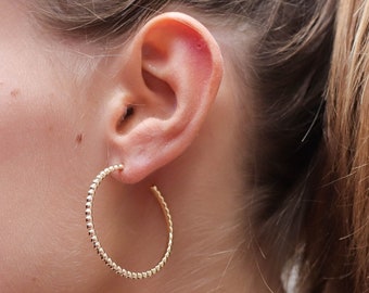 Large hoop earrings with 40mm balls made of 925 sterling silver and 24k gold plated