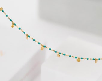 blue color beads necklace in silver, small balls necklace, turquoise color beads necklace with gold chain