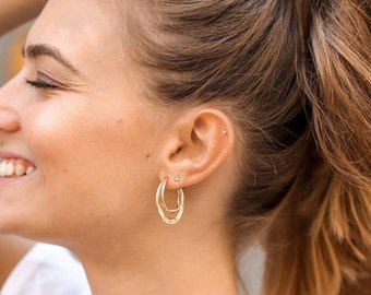 Half moon hoop earrings with three soldered hoops, large triple hoops, crescent moon, triple hoops