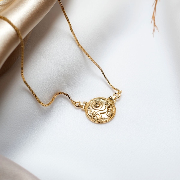 Necklace with coin and drawings of lioness and sun in sterling silver and 24k gold plated silver