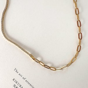 Choker half with zircons and half link chain made of sterling silver and 24k gold plated