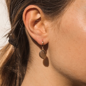 May include: Gold hoop earrings with a dangling brown gemstone pendant.