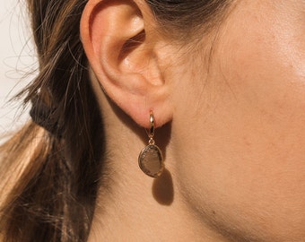 Delicate earrings with smoky quartz natural stone pendant in 925 sterling silver and 18k gold plated