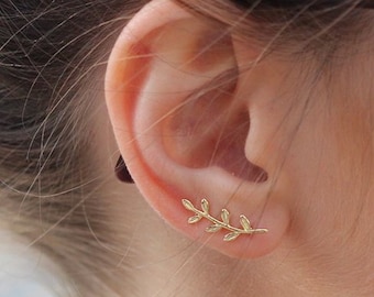 Climbing earrings in the shape of olive leaves in sterling silver and 24k gold plated