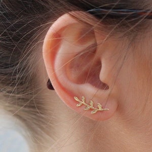 Climbing earrings in the shape of olive leaves in sterling silver and 24k gold plated image 1