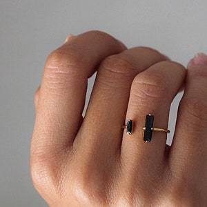 Exclusive double bar open ring with two black stone, open bar ring with black stones