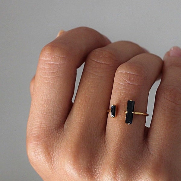 Exclusive double bar open ring with two black stone, open bar ring with black stones