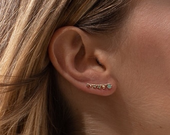 Climbing earrings with aventurine stone and gold-plated colored zircons