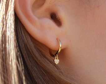 Boucles D'oreilles Argent 925 Cœur Zircon - Petites Créoles Pendentif - Bo Win - Neuf Avec étiquettes
