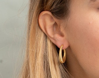 Striped Thai type hollow hoop earrings, flamenco type braided in 925 sterling silver and gold plated