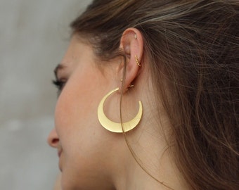 Half Moon Hoop Earrings, Crescent Moon Hoop Earrings, Large Gold Moon Hoop Earrings, Gold Crescent Moon Hoop Earrings