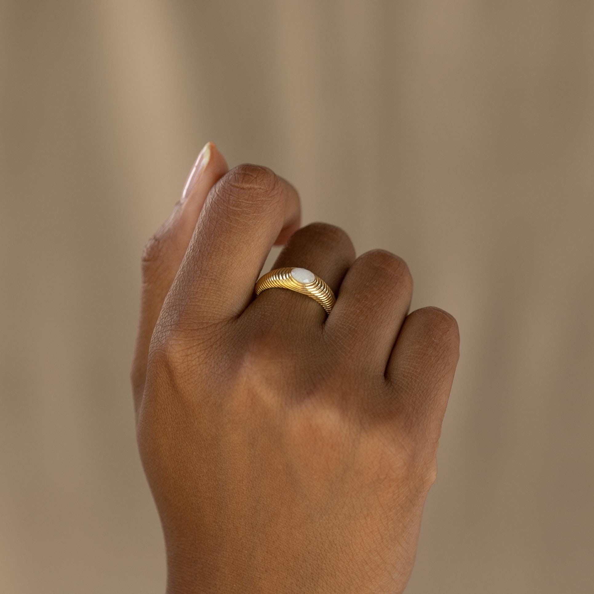 Irregular Surface Ring With Moonstone With Organic Finish Stripes 