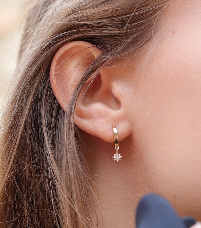 Graduation Simple CZ Shining Star 925 Sterling Silver Hoop Earrings