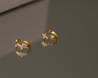 Small hoops with small cross with zircons in sterling silver and 24K gold plated