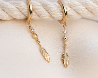 Original 12mm hoop earrings with feather and zircons that hang from these made of sterling silver and 24 gold plated