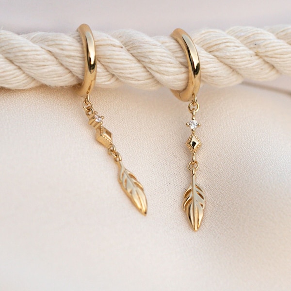 Original 12mm hoop earrings with feather and zircons that hang from these made of sterling silver and 24 gold plated