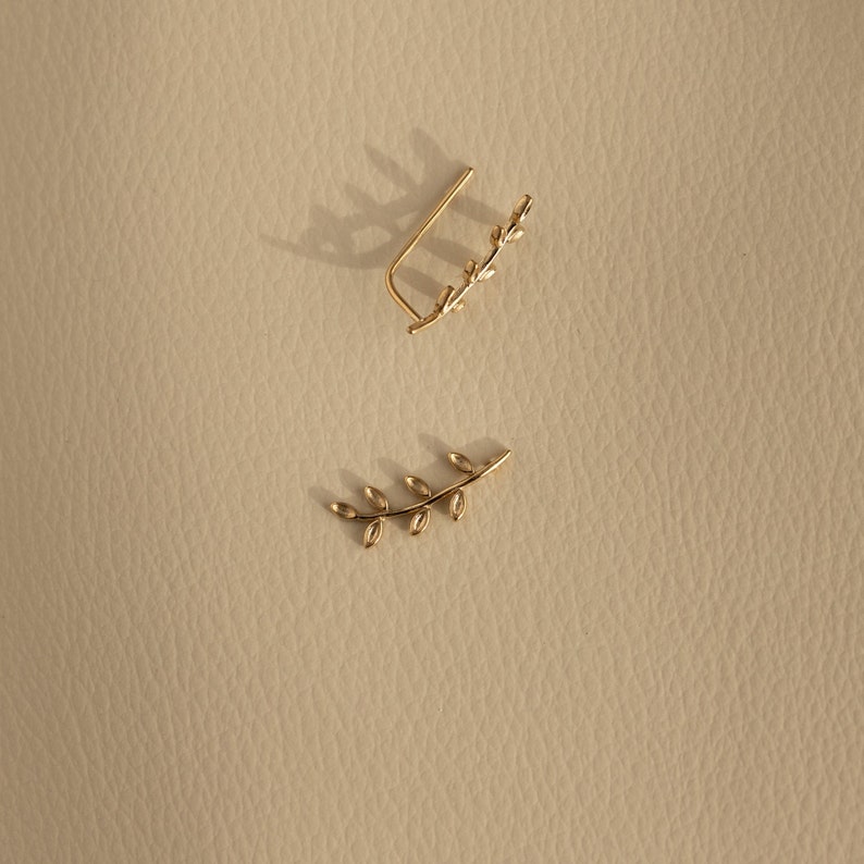 Climbing earrings in the shape of olive leaves in sterling silver and 24k gold plated image 2