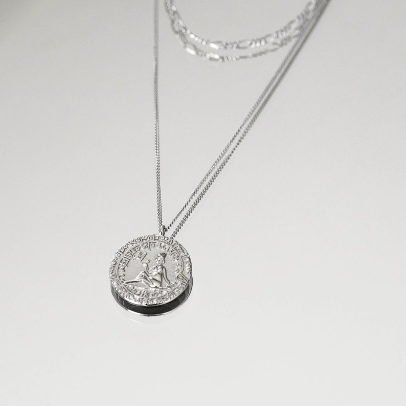 Double chain necklace with antique coin and drawing of a woman stamped type of antique coin in sterling silver and gold-plated silver image 4