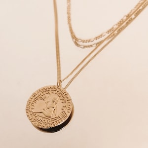 Double chain necklace with antique coin and drawing of a woman stamped type of antique coin in sterling silver and gold-plated silver image 2