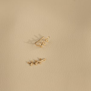 Climbing earrings in the shape of olive leaves in sterling silver and 24k gold plated image 5