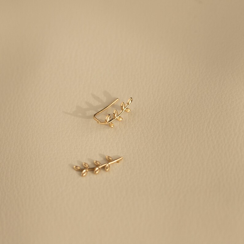 Climbing earrings in the shape of olive leaves in sterling silver and 24k gold plated image 5