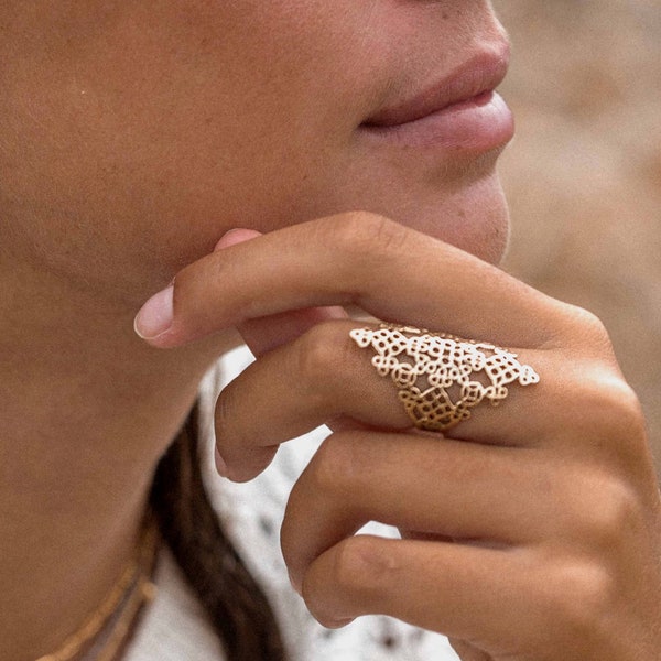 Großer Ring im Boho-Stil mit Filigran aus Sterlingsilber oder 24 Karat vergoldetem Silber, Boho-Hippie-Stil