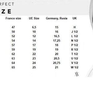 May include: A chart showing ring sizes in different countries, including the inside diameter in millimetres, USA size, France size, EU size, Germany/Russia size, and UK size. The chart includes a visual representation of a ring with the word "Diameter" labelled.