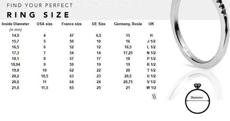 May include: A chart showing ring sizes in different countries, including the inside diameter in millimetres, USA size, France size, EU size, Germany/Russia size, and UK size. The chart includes a visual representation of a ring with the word "Diameter" labelled.