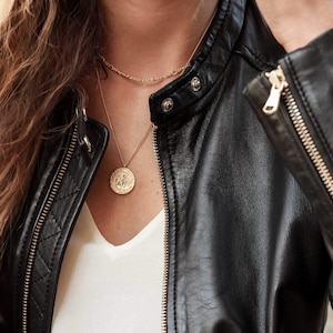 Double chain necklace with antique coin and drawing of a woman stamped type of antique coin in sterling silver and gold-plated silver image 8