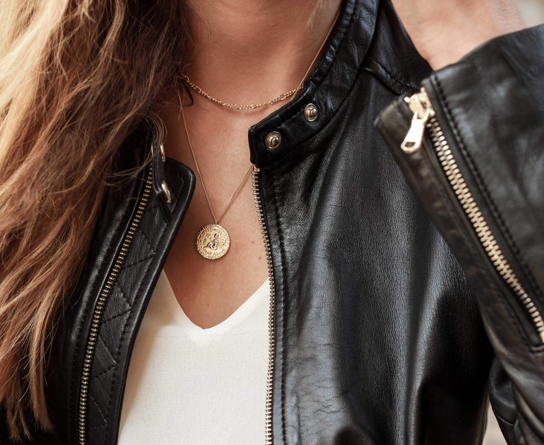 Double chain necklace with antique coin and drawing of a woman stamped type of antique coin in sterling silver and gold-plated silver image 8