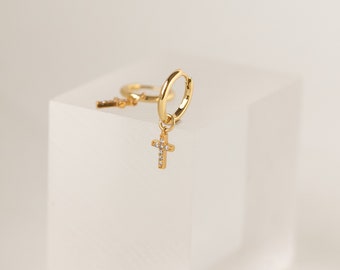 Small hoops with small cross pendant with zircons in sterling silver and 24K gold plated