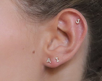 Initial letter earring with zircons, initial earrings, earrings with initials in 18k gold plated silver