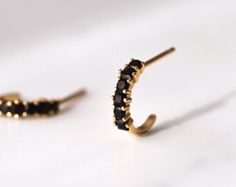 Black Circus, tiny black cz earrings, tiny hoops,  Sterling Silver Earrings, Gold plated, black Zirconia stones