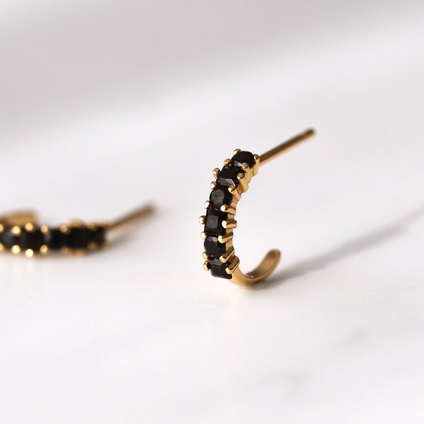 Black Circus, tiny black cz earrings, tiny hoops,  Sterling Silver Earrings, Gold plated, black Zirconia stones