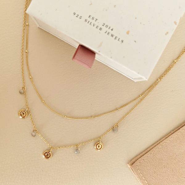 Collier double formé d'une chaîne boule et d'un autre collier avec perles en pierre de labradorite en argent massif et argent plaqué or
