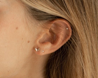 Beautiful silver Set of Mini Butterfly Studs and solitaire cz, tiny butterfly earrings, butterfly stud, second hole butterfly earrings