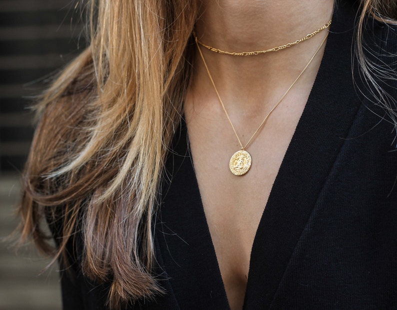 Double chain necklace with antique coin and drawing of a woman stamped type of antique coin in sterling silver and gold-plated silver image 10