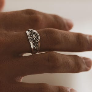 925 Sterling Zilveren Kompas Ring voor Heren, Verstelbare Maat.