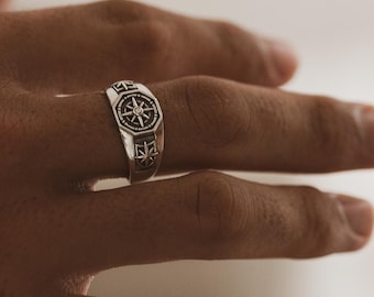Verstelbare herenzegelring van sterlingzilver met kompas