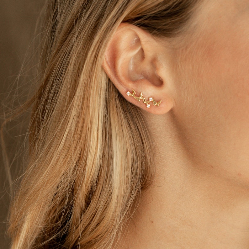 Boucles d'oreilles grimpantes avec papillons et petits zircons en argent sterling 925 et plaqué or 24 carats, image 8