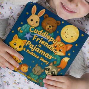 May include: A child lies on a white fluffy rug, holding a children's book titled "Cuddlepuff Friends in Pajamas." The book cover features cartoon animals. A stuffed bear and a teddy bear are also present.